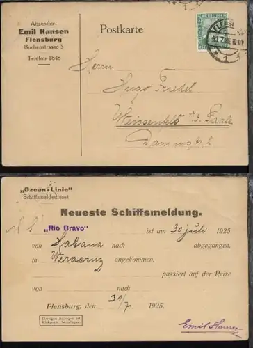 1925 Schiffsmeldedienst-Kte mit Meldung über Ankunft des Dampfers Rio Bravo