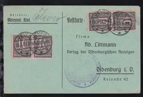 Ziffer 10 M. waager. und senkr. Paar auf Dienstpostkarte des Oldenburgischen