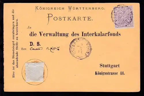 Ziffer 5 Pfg. auf Dienstpostkarte der Verwaltung des Interkalarfonds Stuttgart