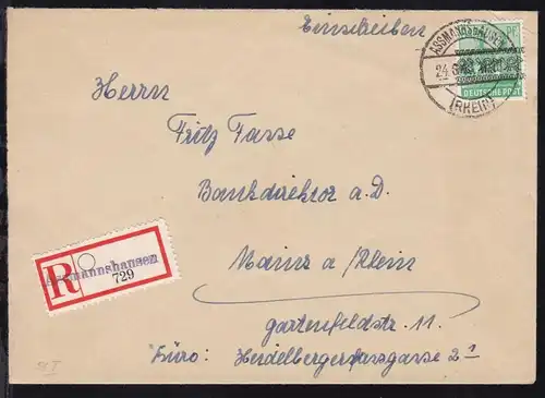 Bandaufdruck 84 Pfg. auf R-Brief ab Assmannshausen 24.6.48 nach Mainz