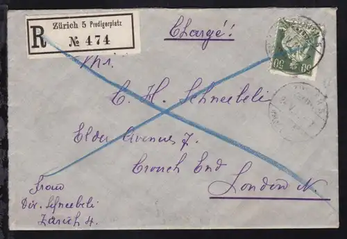 Sitzende Helvetia 50 C. auf R-Brief ab Zürich 5 Predigerplatz 24.V.11