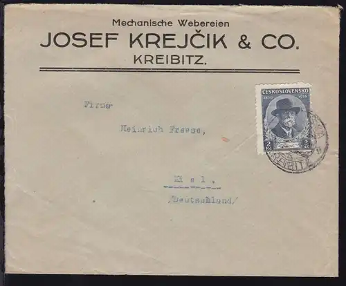 Masaryk 85. Geburtstag 2 Kc. auf Firmenbrief (Josef Krejcik & Co., Kreibitz)
