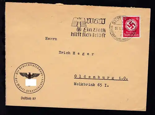 Dienstmarke 12 Pfg. auf Brief der Generalintendanz der Württ. Staatstheater mit
