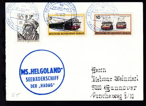 DEUTSCHE SCHIFFSPOST MS HELGOLAND HADAG-HAMBURG 11.10.72 + Cachet auf Postkarte