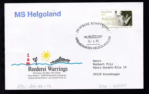 DEUTSCHE SCHIFFSPOST MS HELGOLAND BREMERHAVEN-HELGOLANDLINIE 25.4.98 + L1