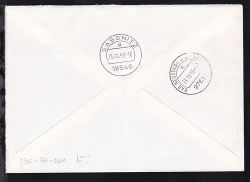 DEUTSCHE SCHIFFSPOST FS SASSNITZ TS-LINE SASSNITZ-TRELLEBORG 24.10.93 + Cachet