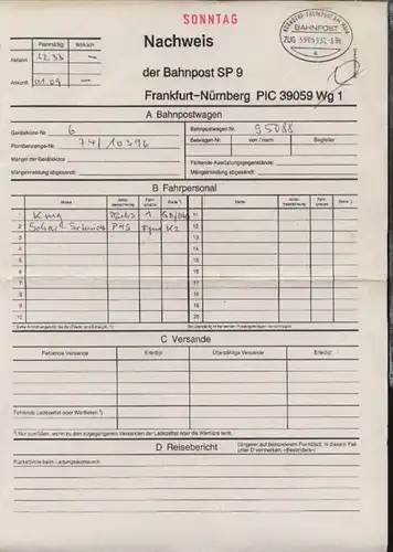 NÜRNBERG-FRANKFURT AM MAIN a ZUG 39059 31.3.96 auf Nachweis-Zettel