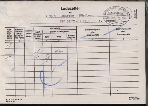 WÜRZBURG-HAMBURG ag ZUG 39071 5.3.96 auf Ladezettel