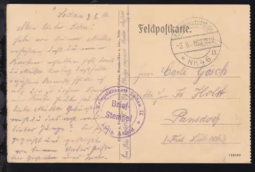 K.D. Feldpoststation Nr. 46 *a 3.8.16 + K2 Briefstempel Kriegslazarett Sedan II