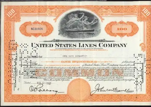 1952 United States Line Company  Aktie über 100 Anteile