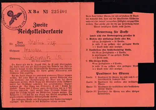 1941 Zweite Reichskleiderkarte mit K1 Ernährungsamt der Hansestadt Bremen,