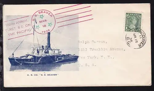 OSt. Vancouver MR 18 36 + Cachets SS Beaver auf Brief mit Schiffsbild