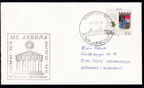 SCHIFFSPOST MS "ARKONA" 24.04.92 + Cachet Osterreise-Mittelmeer auf Brief