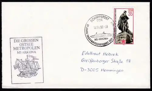 SCHIFFSPOST DDR MS >ARKONA< 30 JAHRE PASSAGIERSCHIFFAHRT DER DDR 1960-1990