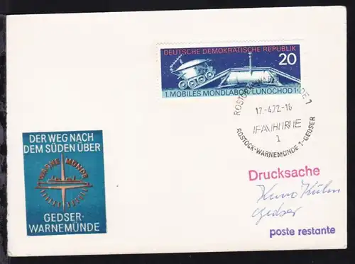 ROSTOCK-WARNEMÜNDE 1 l FÄHRE ROSTOCK-WARNEMÜNDE 1-GEDSER 17.4.72 auf Postkarte