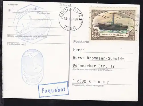 OSt. Honningsvag 28.7.83 + R1 Paquebot + Cachet MS Estonia auf Postkarte