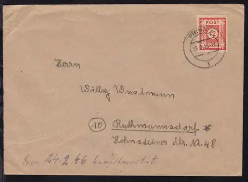 Ziffer 12 Pfg. auf Brief ab Pirna 18.2.46 nach Rathmannsdorf