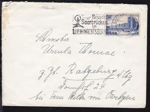 Freimarke 30 F. auf Brief mit Maschinenstempel SAARBRÜCKEN 2 1.12.53