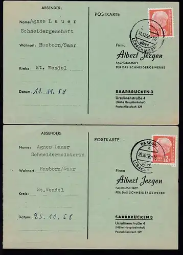 1958 Heuss 12 F je auf 2 Firmenantwort-Postkarten (Albert Jergen, Saarbrücken)