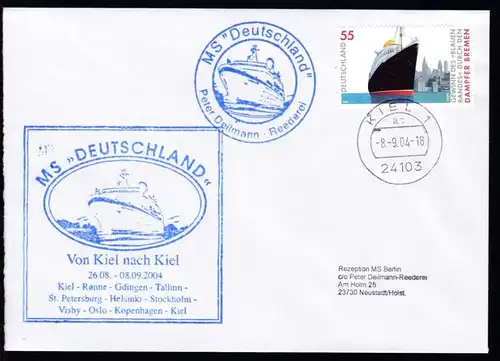 OSt. Kiel 8.9.04 + Cachet MS Deutschland Von Kiel nach Kiel auf Brief