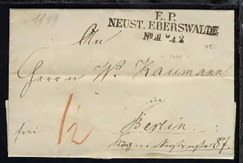 Neustadt-Eberswalde 1849 L3 E.P. NEUST. EBERSWALDE No III 7.2. auf Bf.