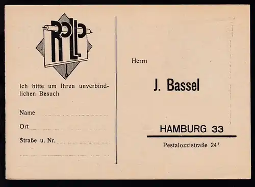 Hamburg Firmenantwort-Postkarte der Firma J. Bassel Hamburg