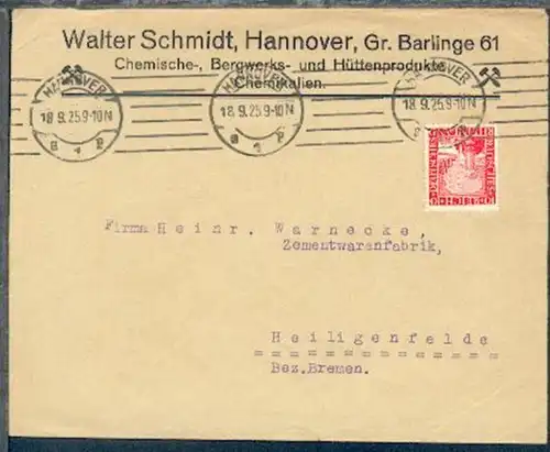 Hannover Maschinen-Stpl. HANNOVER B1p 18.9.25 auf Firmen-Bf.