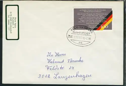 KÖLN-HAMBURG BAHNPOST aq ZUG 02130 16.7.90 auf Brief