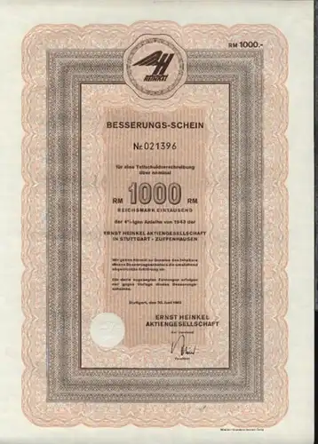 1962 Ernst Heinkel AG Stuttgart-Zuffenhausen Besserungs-Schein für eine