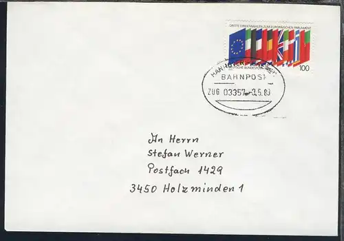 HANNOVER-BREMEN BAHNPOST ZUG 03357 8.5.89 auf Brief