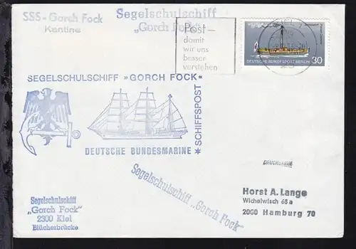 OSt. Kiel 8.12.75 + Cachets SSS Gorch Fock auf Brief