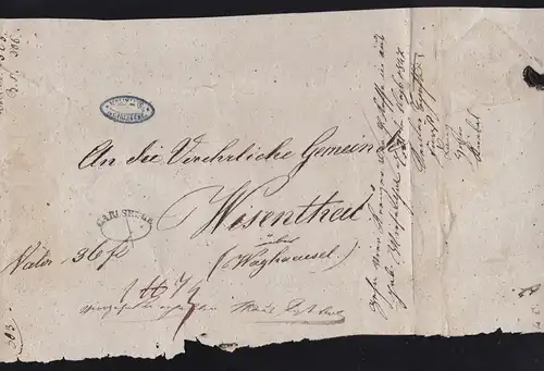Karlsruhe 1847 Ovalstempel CARLSRUHE auf grossem Briefteil nach Wiesenthal
