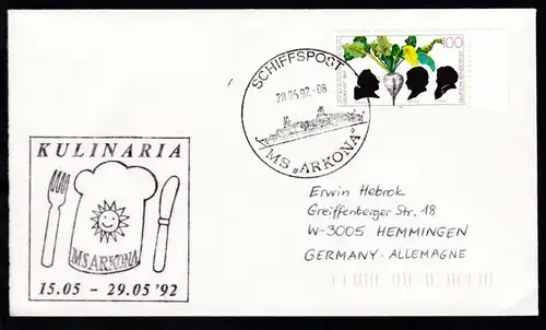 SCHIFFSPOST MS "ARKONA" 28.05.92 + Cachet Kulinaria auf Brief