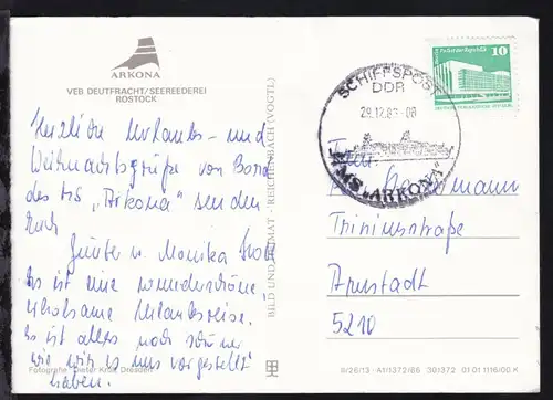 SCHIFFSPOST DDR MS "ARKONA" 29.12.86 auf CAK (MS Arkona)