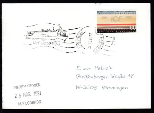 RÖDBY-FEHMERN PAQUEBOT 25.03.91 M/F LODBROG auf Postkarte