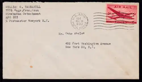 Maschinenstempel U.S. ARMY POSTAL SERVICE 633 MAY 19 194 auf Brief