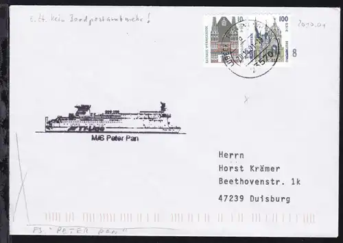 OSt. Lübeck-Travemünde 20.10.01 + Cachet MS Peter Pan auf Brief