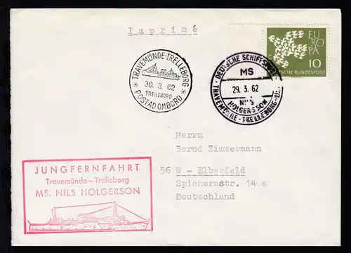 DEUTSCHE SCHIFFSPOST MS NILS HOLGERSSON TRAVEMÜNDE-TRELLEBORG-LINIE 29.3.62 +