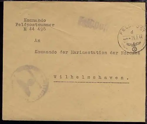 FP d 26.2.42 + undeutl. BfSt. auf Dienst-Bf., Abs.-Ang. M 44496