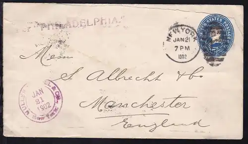 L1 Per "PHILADELPHIA" auf Brief ab New York JAN 21 1902 nach Manchester/England,