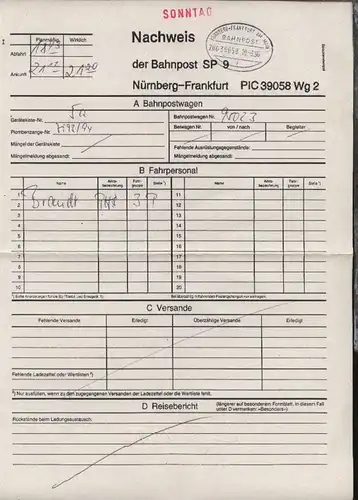 NÜRNBERG-FRANKFURT AM MAIN i ZUG 39058 10.3.96 auf Nachweis-Zettel
