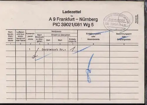 NÜRNBERG-FRANKFURT AM MAIN w ZUG 39050 23.5.95 auf Ladezettel