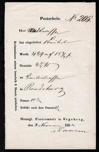 1864 Segeberg Postschein mit Ortsdruck