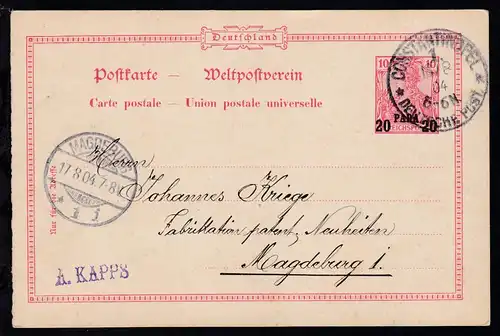 Germania 10 Pfg. mit Aufdruck 20 PARA 20 mit k1 CONSTANTINOPEL 1. DEUTSCHE POST