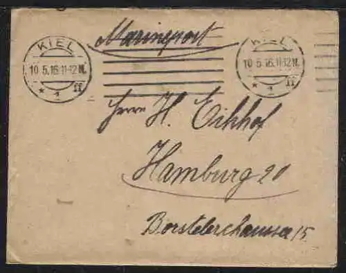 Maschinen-Stpl. Kiel 10.5.16 auf Feldpostbrief mit Inhalt, Absenderangabe