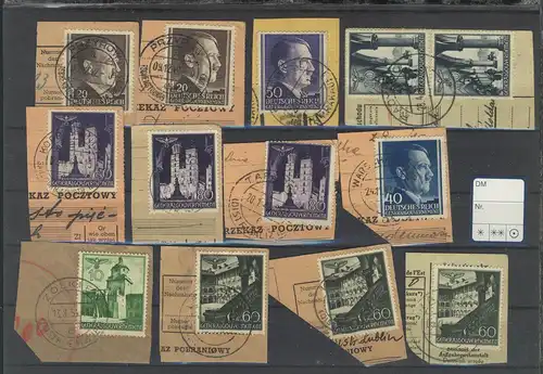 Steckkarte mit 13 Marken auf Postanweisungs-Abschnitten