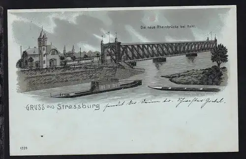 Gruss aus Strassburg Die neue Rheinbrücke bei Kehl, Mondscheinkarte