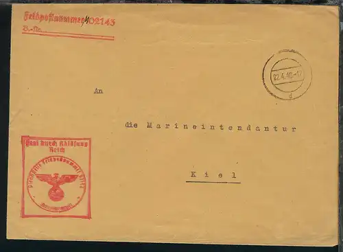 Tarn-Stpl. 22.4.40 + L2 + Bfst. 02143 (Flottenkommando) auf Dienst-Bf.