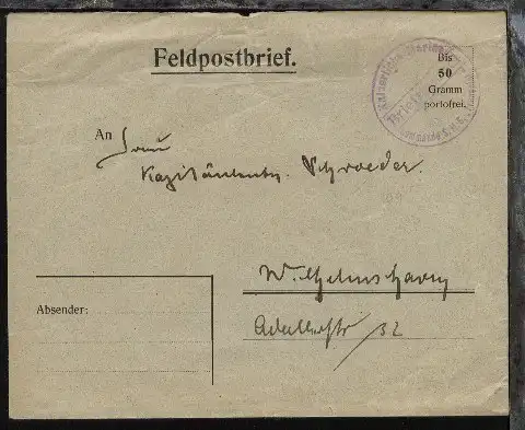 zu MSP 109 viol. BfSt. Kommando SMS Frauenlob (kleiner Stpl.) auf FP-Bf.