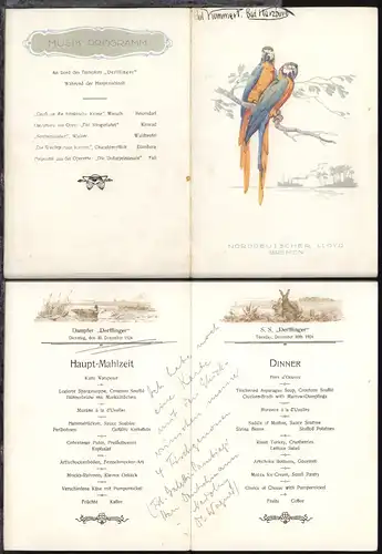 Dampfer Derfflinger Speisekarte Hauptmahlzeit mit Musikprogramm vom 30.12.1924